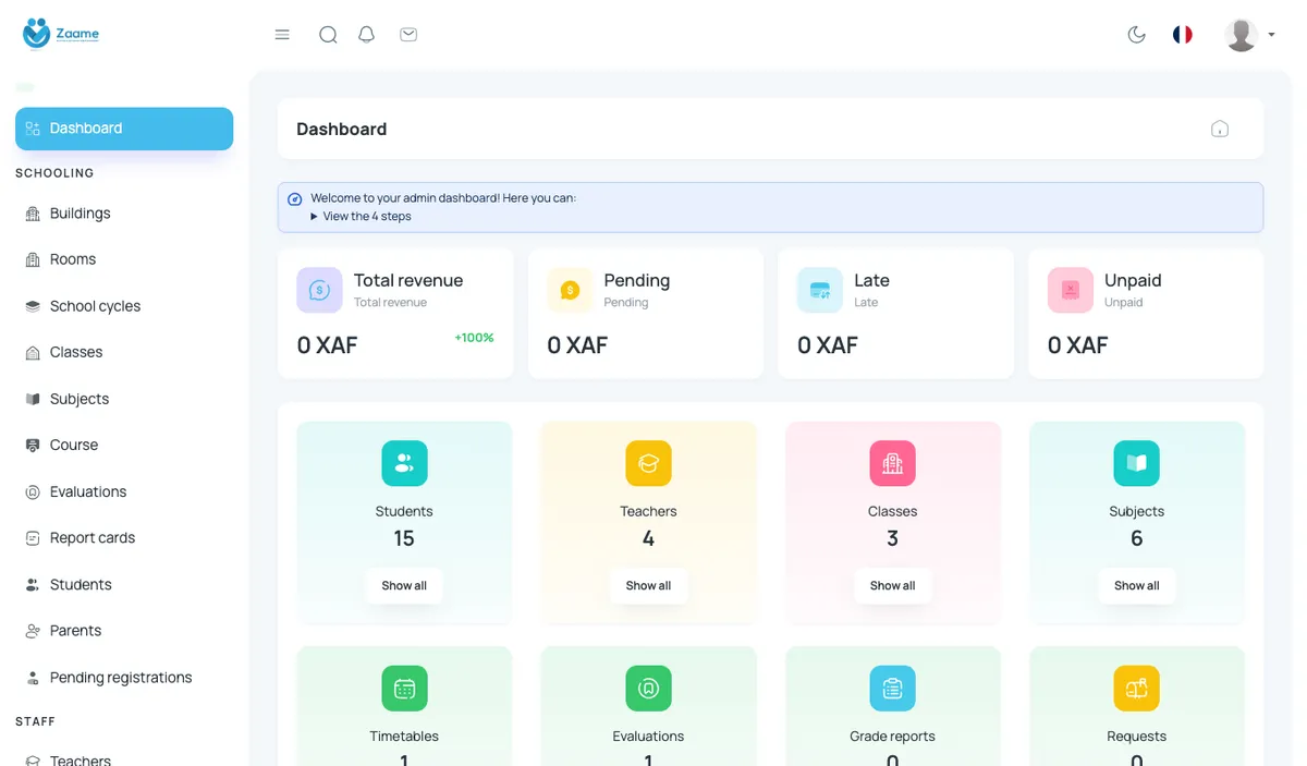 The institution dashboard.