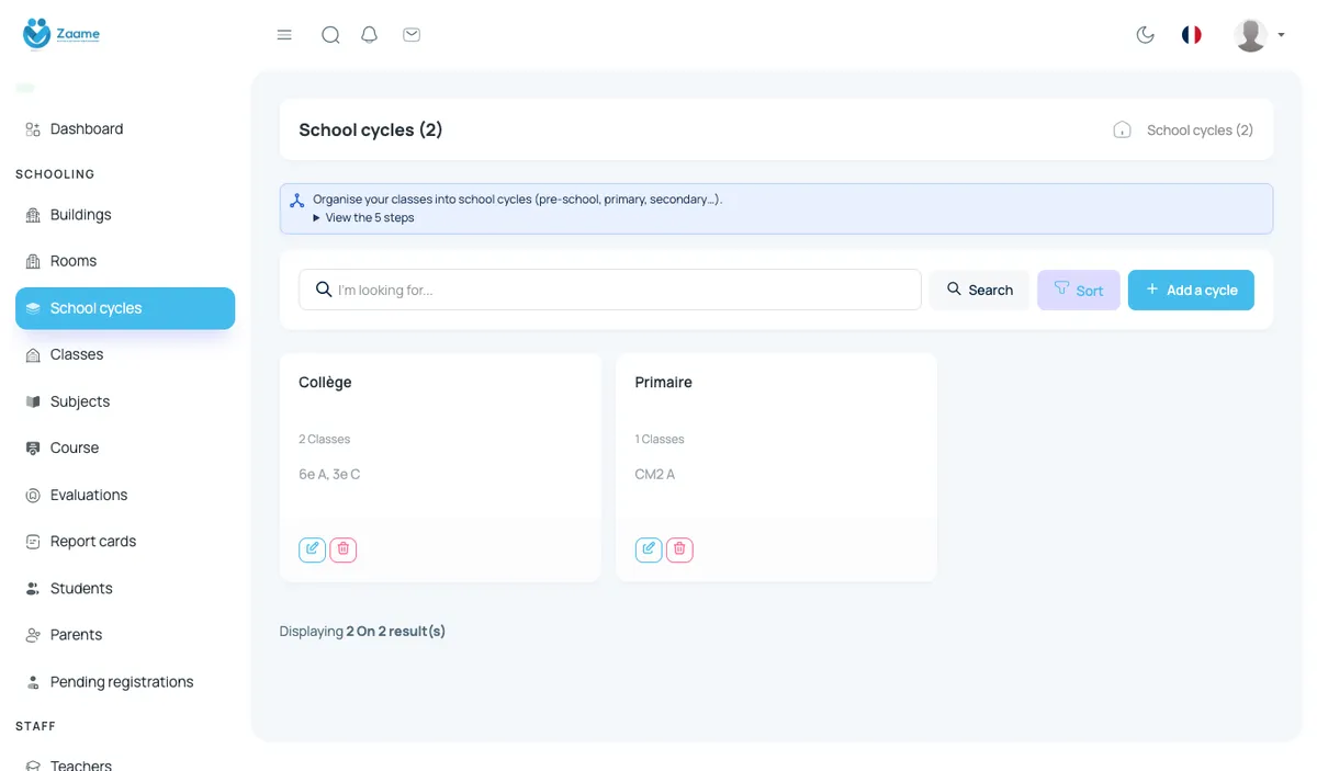 Two cycles created, with the classes they contain.