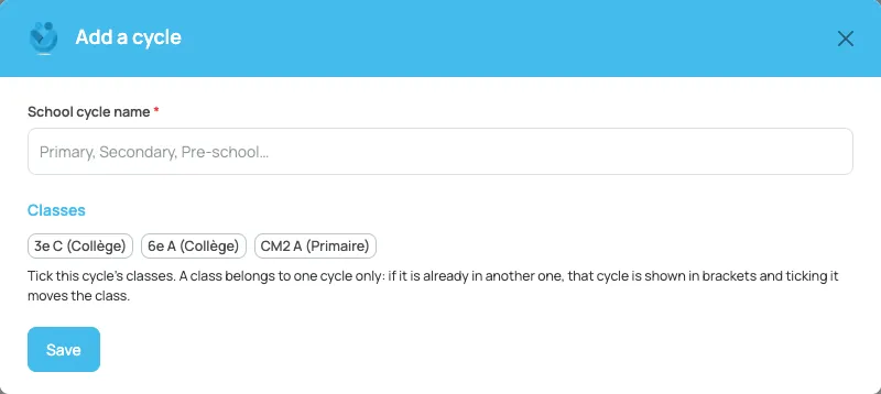 Cycle form: the name, then the classes to tick.