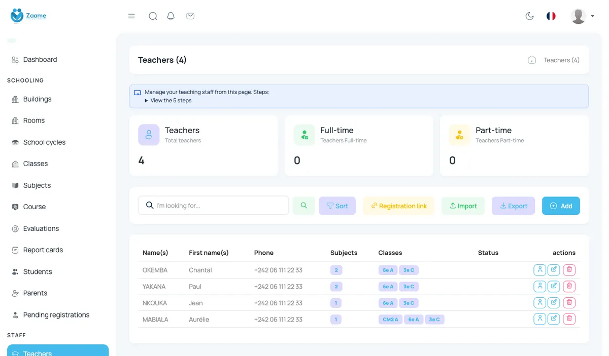 Teacher records, with their subjects and classes.