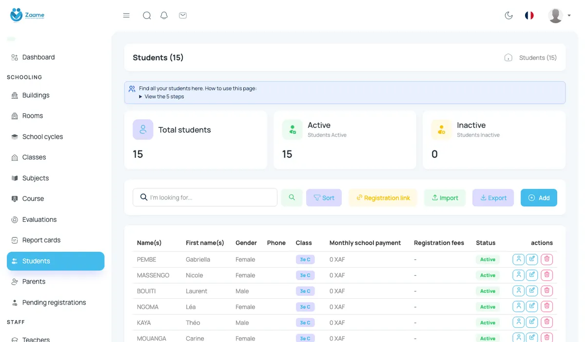 Student list: filters, import, export and registration link.