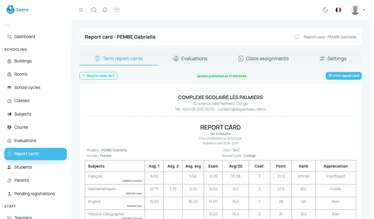 A student’s report card: one column per assignment, then the subject average.