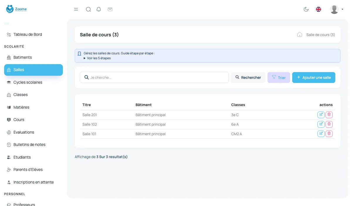 Liste des salles, rattachées à un bâtiment.