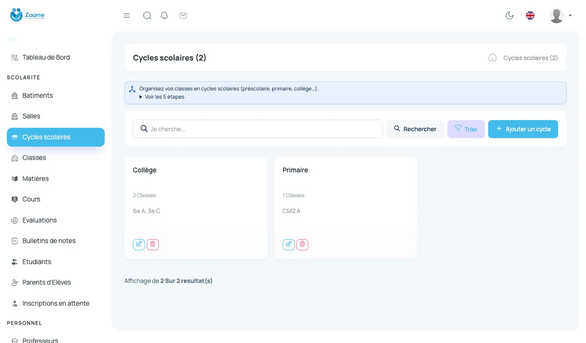 Deux cycles créés, avec les classes qu’ils contiennent.