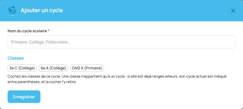Formulaire d’un cycle : le nom, puis les classes à cocher.