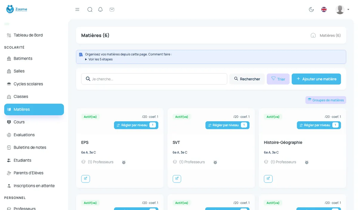 Les matières de l’établissement, avec le lien « Régler par niveau ».