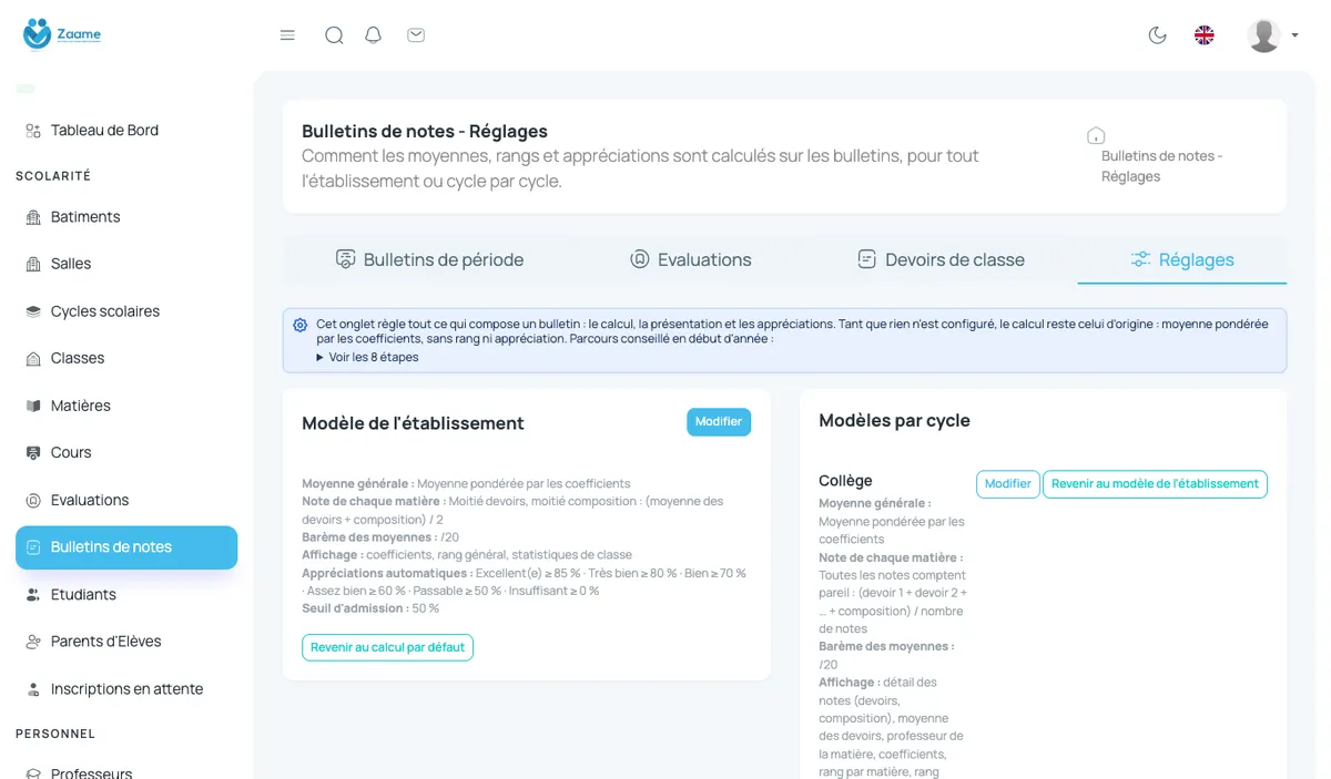 Réglages : modèle de l’établissement et modèles par cycle.