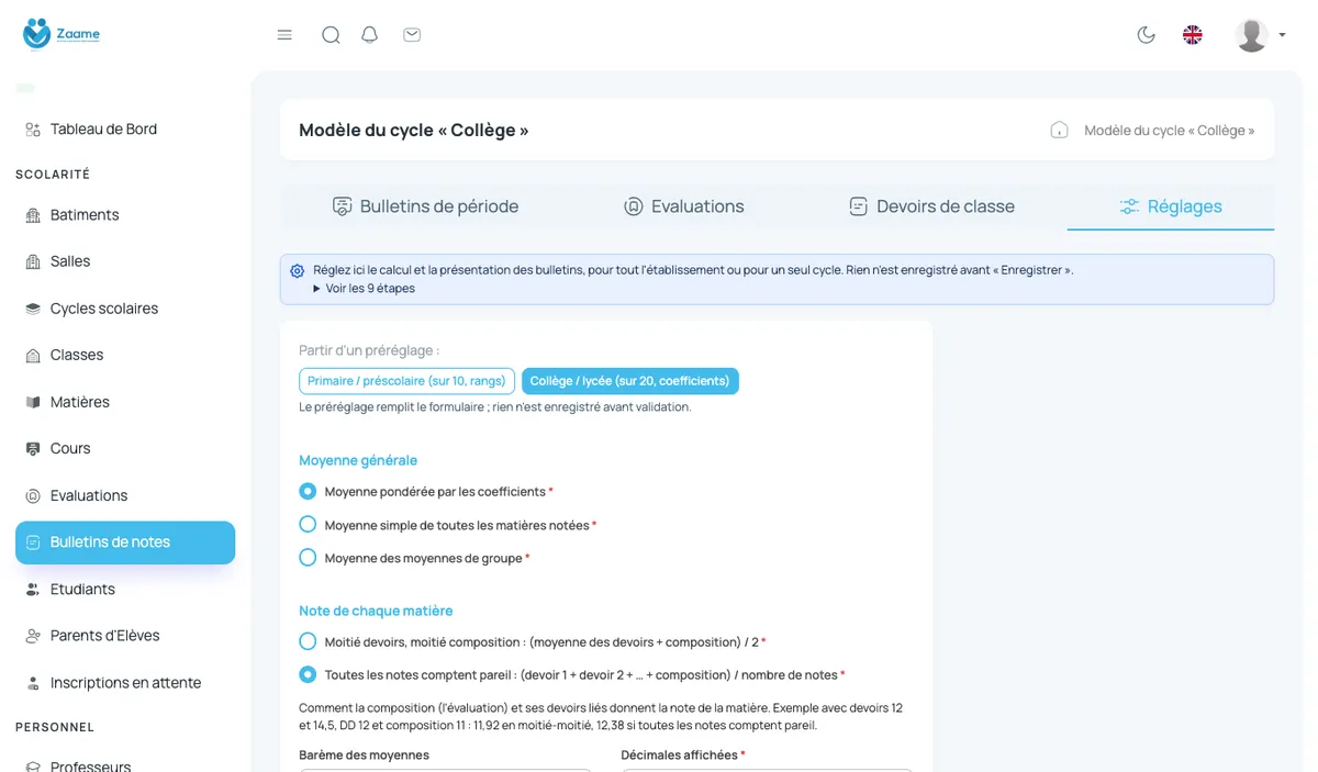 Modèle du cycle Collège : calcul, colonnes et appréciations.