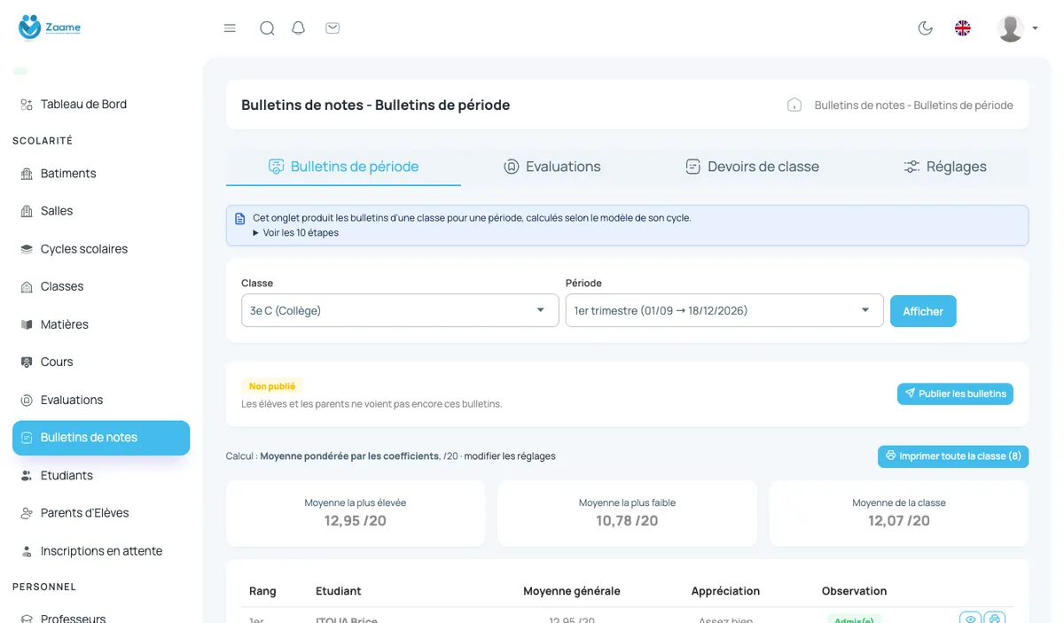Tableau de la classe pour la période choisie.