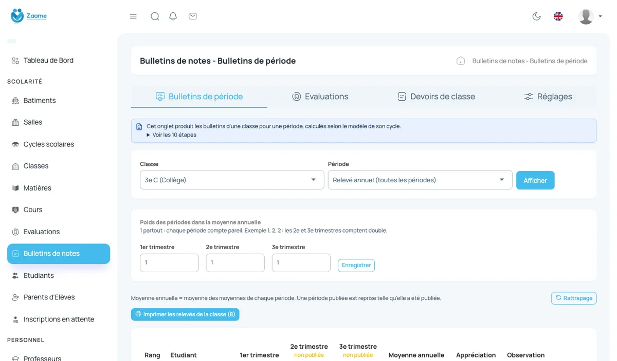 Relevé annuel et poids des périodes.