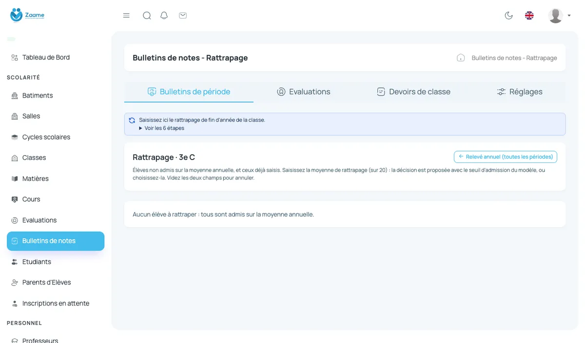 Rattrapage : moyenne saisie et décision de fin d’année.