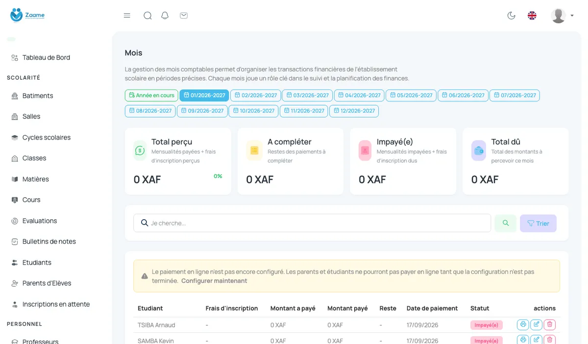Comptabilité : suivi des frais de scolarité.