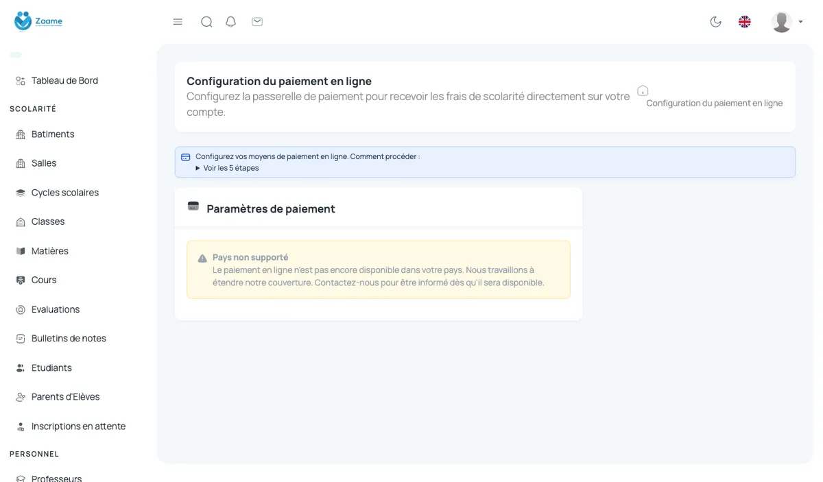 Configuration du paiement en ligne.